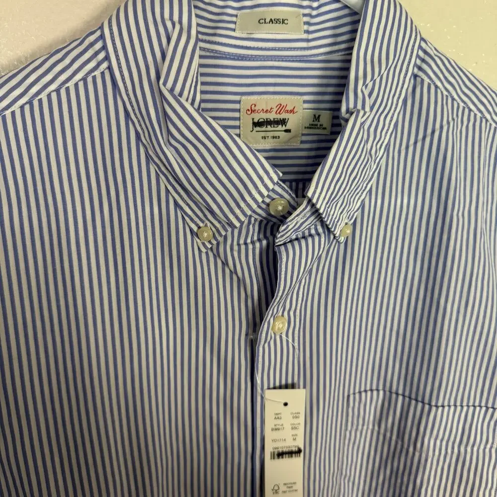 J.Crew Classic Secret Wash Cotton Poplin Shirt Mens M Blue White Striped Button